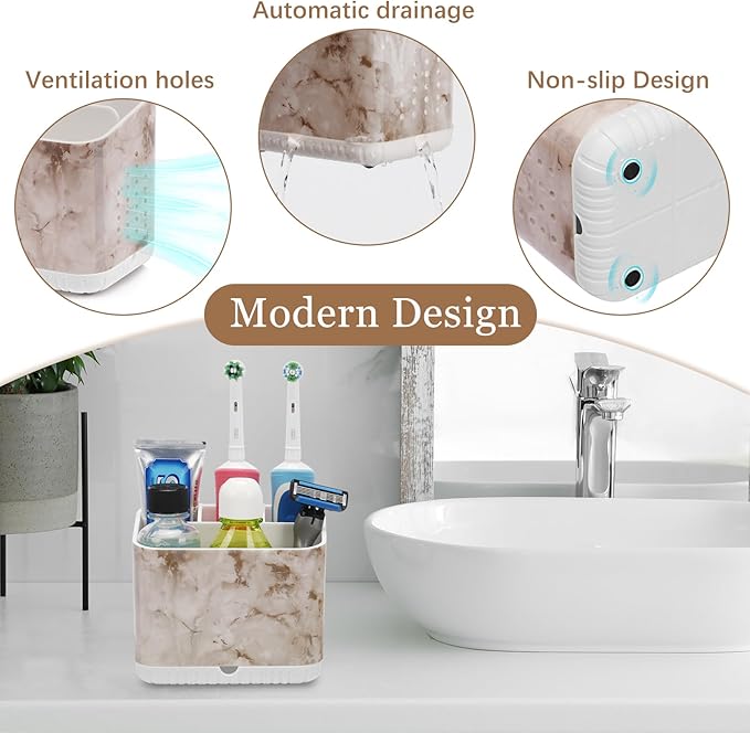 Toothbrush Holders for Bathrooms, Kids Electric Toothbrush and Toothpaste Holder, Toothbrush Caddy Organizer, 4 Slots Tooth Brushing Stand for Bathroom Organizer Countertop (White Marble)