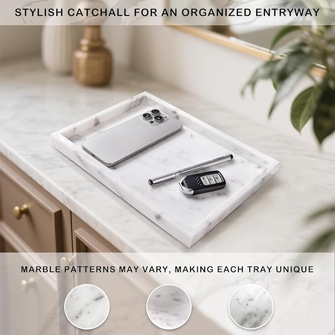 Marble Bathroom Tray for Countertop & Home Decor, Natural Decorative Marble Tray for Jewelry & Perfume Organizer, Luxury Stone Vanity Trays for Dresser, Kitchen Counter, 12" x 8", Starry White