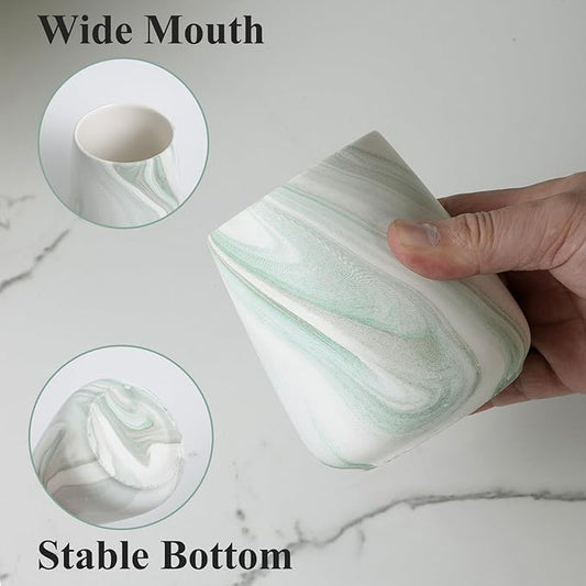 2Pcs Toothbrush Holder for Bathroom - Marble Green Ceramic Tooth Brushing Holders Set, Toothbrush Cup & Toothpaste Organizer for Bathroom Countertop, Makeup Brush Holder, Pen Holder for Home Storage