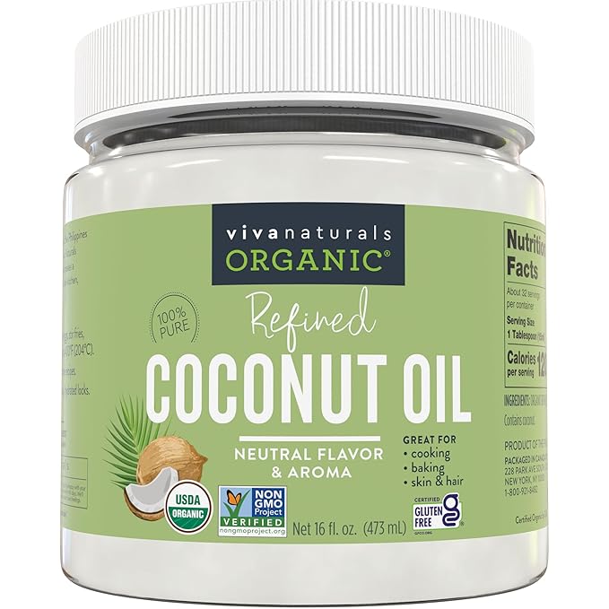 Viva Naturals Refined Coconut Oil, 16 fl oz – Expeller-Pressed, USDA Organic, Neutral Flavor & Aroma, Ideal for Cooking, Baking, Hair & Skin Moisturizer