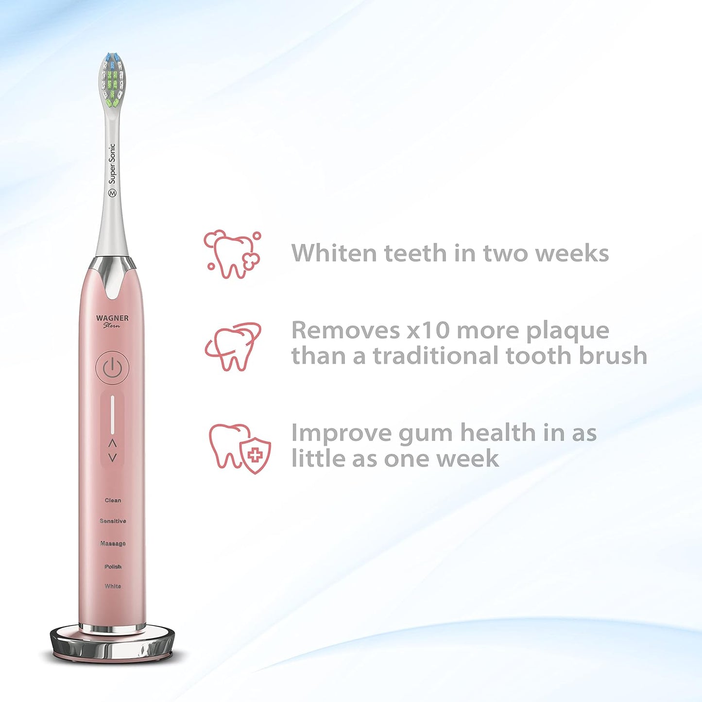 Wagner Stern Ultrasonic whitening Toothbrush with Pressure Sensor. 5 Brushing Modes and 4 Levels of Intensity, 8 Soft bristles, Travel case.