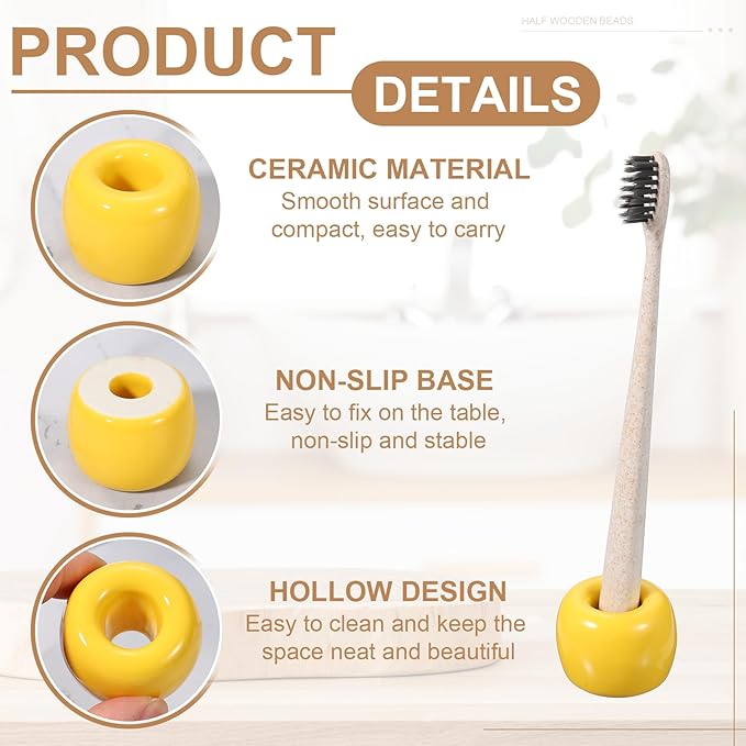 uxcell 2 Pcs Mini Ceramics Toothbrush Holder Stands, Sleek Mini Countertop Toothbrush Round Shape Ceramic Holder Stand for Bathroom Vanity Countertops, Yellow