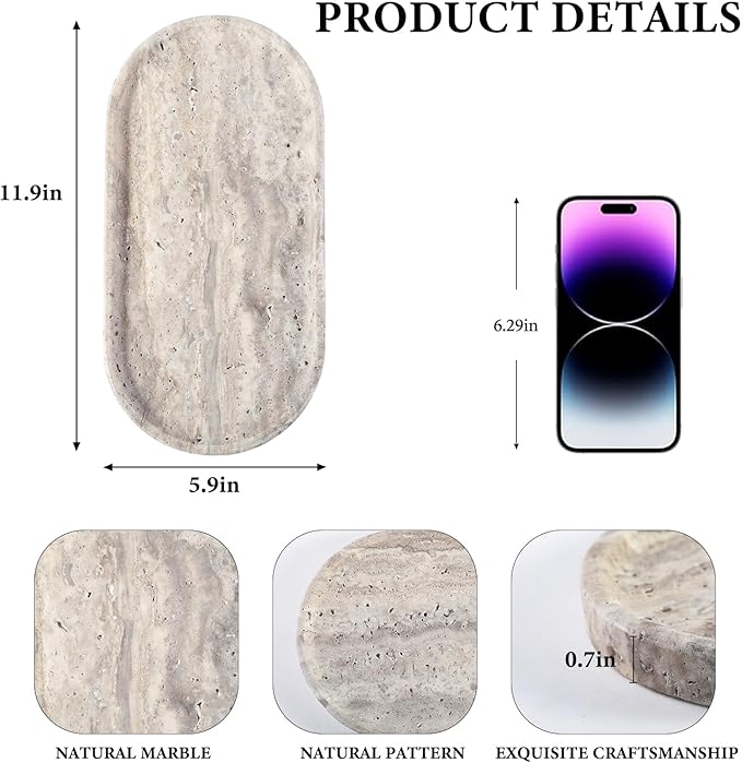 Koville Natural Travertine Tray for Bathroom Countertop, 12"x6" Vanity Decorative Marble Tray for Perfume, Candles, Jewelry, Stone Catchall Trays Jewelry Dish, Silver Stone Trays for Kitchen Counter