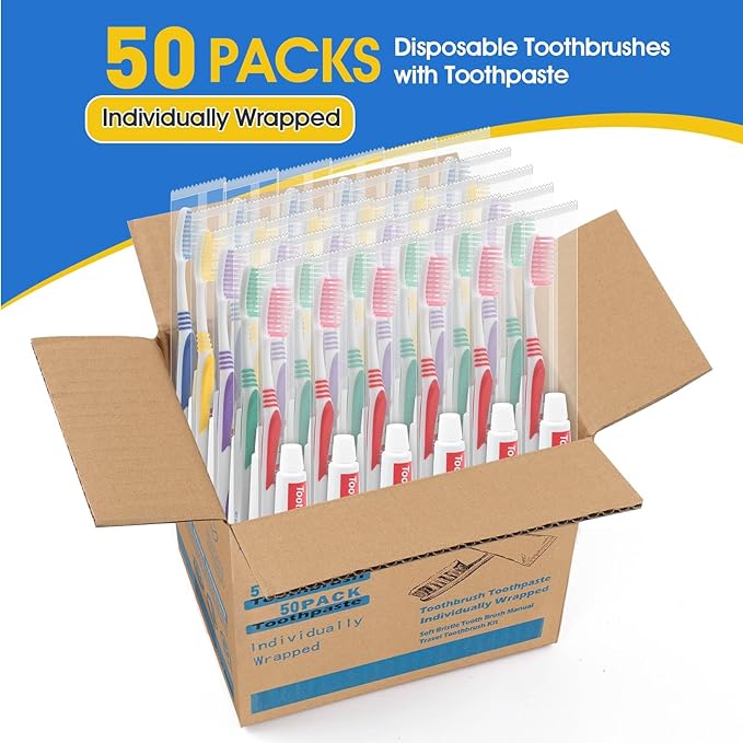 Homvle 50 Packs Individually Wrapped Buld Toothbrush and Toothpaste, Disposable Toothbrush with Toothpaste for Travel Ttoothbrush Toiletries, OCC, Airbnb, Dentist, Office/5 Colorful
