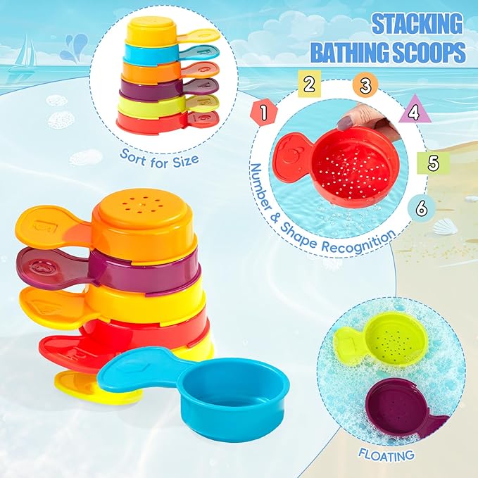 Baby Bath Toys for Kids Ages 1-3, 11PCS Mold Free Bath Toys for Toddlers with Floating Boats and Spoons, Baby & Toddler Bathtub Water Table Pool Sand Play Toys for Christmas Stocking Stuffers