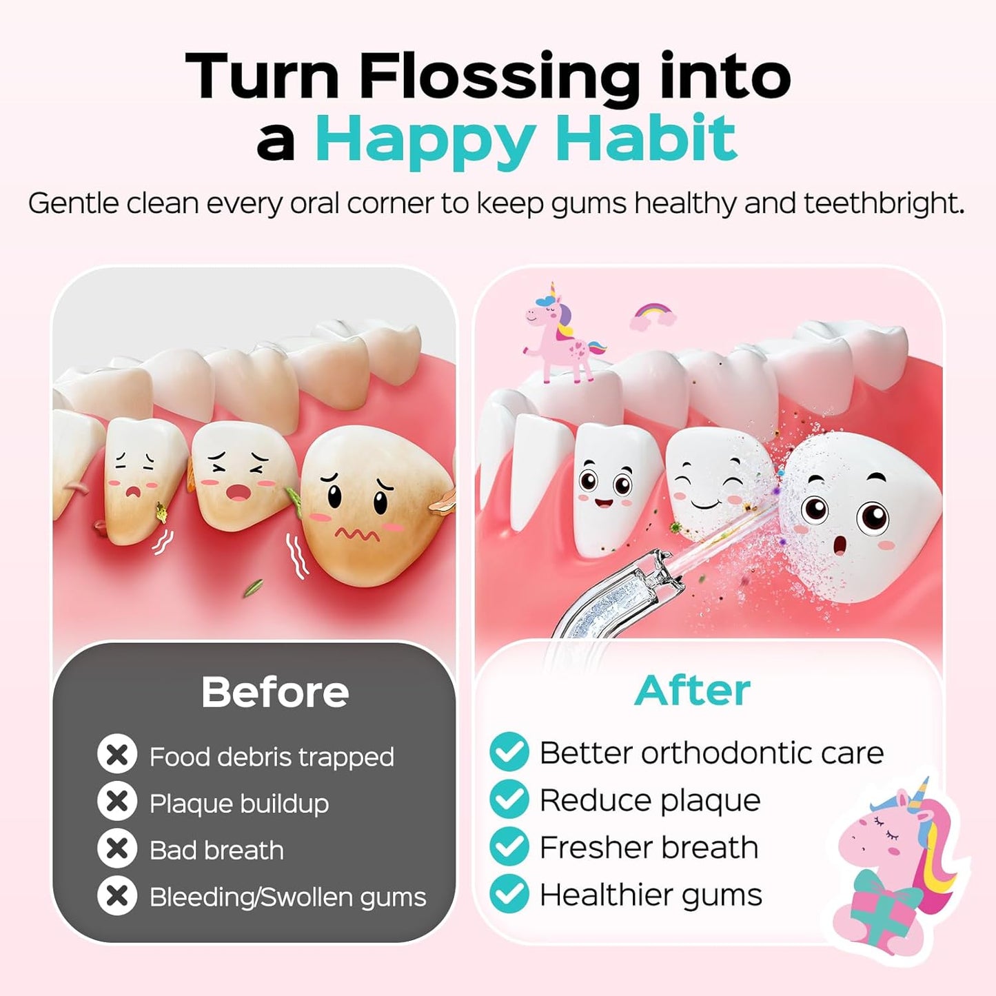 COSLUS Portable Water Flosser for Kids: 4 Gentle Modes for Ages 6+, Braces & Sensitive Teeth - with Fun DIY Stickers, 4 Storable Nozzles, Mini Compact for Home School & Travel Use, BPA-Free, Pink