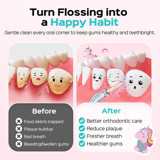 COSLUS Portable Water Flosser for Kids: 4 Gentle Modes for Ages 6+, Braces & Sensitive Teeth - with Fun DIY Stickers, 4 Storable Nozzles, Mini Compact for Home School & Travel Use, BPA-Free, Pink
