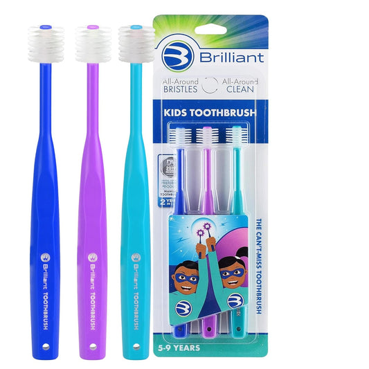 Brilliant Oral Care Kids Toothbrush with Soft Bristles and Round Head, for a Child Approved, Easy to Use All-Around Clean Mouth, Ages 5-9 Years, Royal Purple Teal, 3 Pack