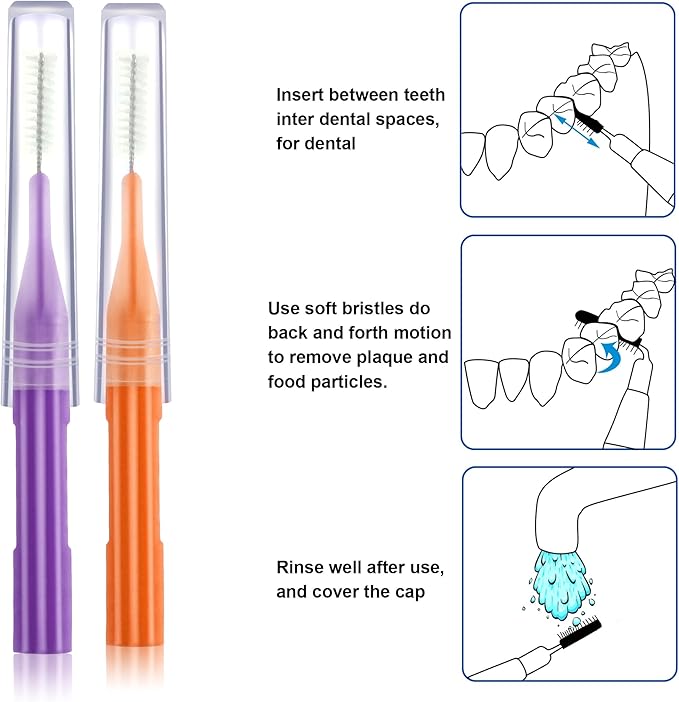Patelai 100 Pieces Braces Brush for Cleaner Interdental Brush Toothpick Dental Flossing Head Oral Hygiene Flosser Tooth Cleaning Tool(Orange, Purple)