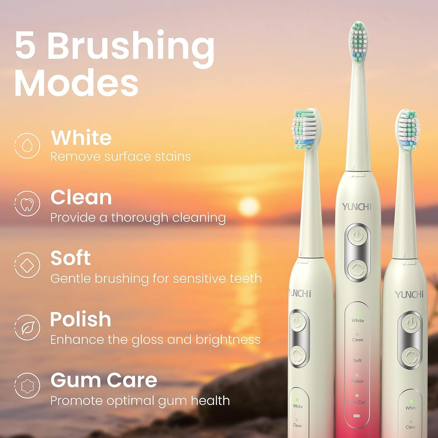 YUNCHI Electric Toothbrush for Adults and Kids, Rechargeable Battery Toothbrushes, 8 Brush Heads, 90 Days, 1 Travel Case, 2 Min Timer, IPX7 Waterproof, 5 Modes, Red Yellow Gradient