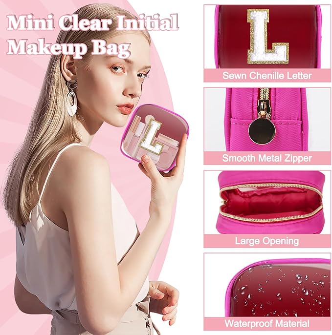 Mini Clear Personalized Initial Makeup Bag,Nylon Preppy A-Z Chenille Letter Patch Zipper Cosmetic Bag, Small Cute Beach Pouch Travel Purse Sanitary Napkin Storage Bag for Women Girls(Hot Pink-White L)