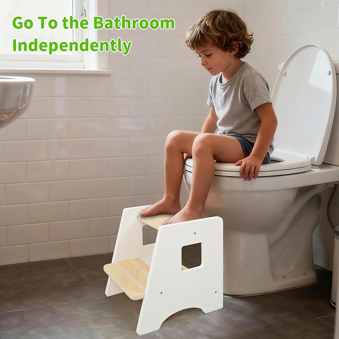WOOD CITY Toddler Step Stool-Wooden 2 Step Stools for Bathroom Sink Potty Training Kitchen Stool Helper for Kids Bonus Non-Slip Pads and Handles for Safety White