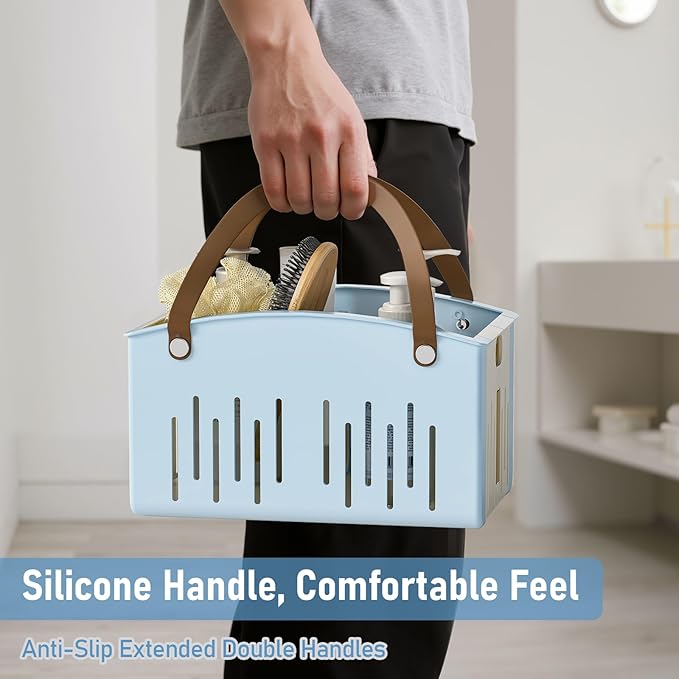 Delamu Portable Shower Basket Caddy with Double Handle Foldable Dry Wet Separation Design 11.0 × 7.1 × 6.5in, Travel, Camping, Gym, College Bathroom Tote, Blue, Ideal Christmas Gifts for Girls