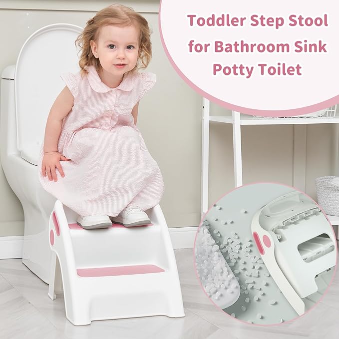 Toddler Step Stool Foldable 2 Step Stool for Kids Collapsible Anti-Slip Stepping Stool for Bathroom Sink Potty Toilet Toddler Kitchen Stool Helper (Pink)