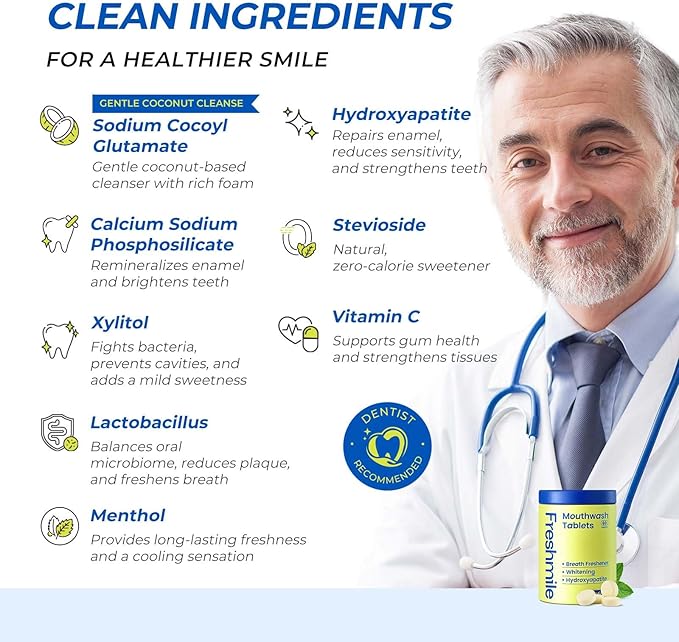 Travel Mouthwash Tablets for Smokers - Fluoride & Alcohol-Free, Xylitol & Nano-Hydroxyapatite (NHA) for Bad Breath Treatment & Natural Whitening, Mint Flavor (60 Count)