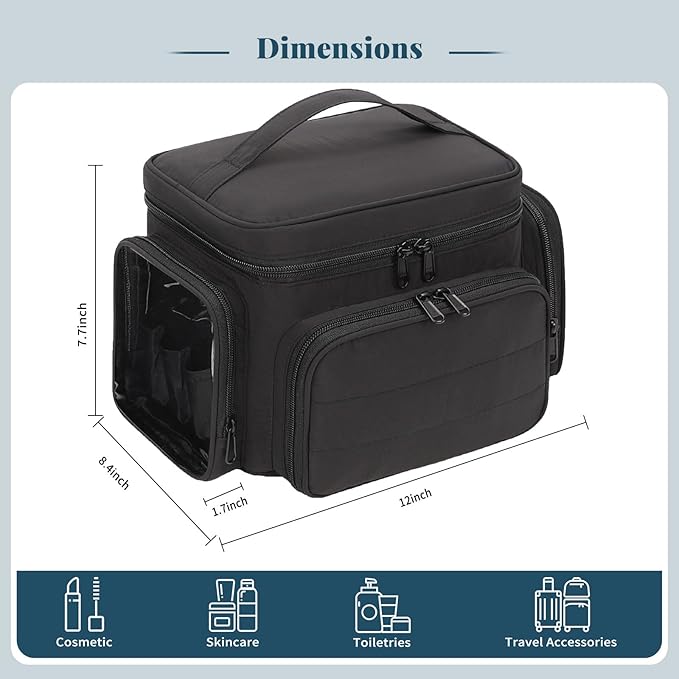 Large Cotton Makeup Bag, Lightweight Travel Makeup Bag Organizer for Women Girls with Makeup Brush Compartment & Two Side Pockets, Cosmetic Travel Bag Vertical Storage- Black01