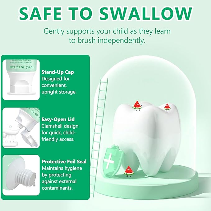 Kids Toothpaste Watermelon Flavor, Swallowable Toothpaste with xylitol and Vitamin E, Fights Plaque, Designed for Children, 2.1OZ