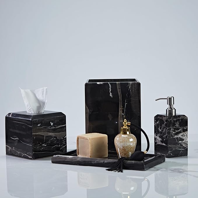 Black Marble Tissue Box Cover for Bathroom, Natural Waterproof Facial Tissue Box, Elegant Square Luxury Heavy Duty Napkin Holder, Toilet Paper Holder for Home Decor, Nightstand, Living Room, Toilet