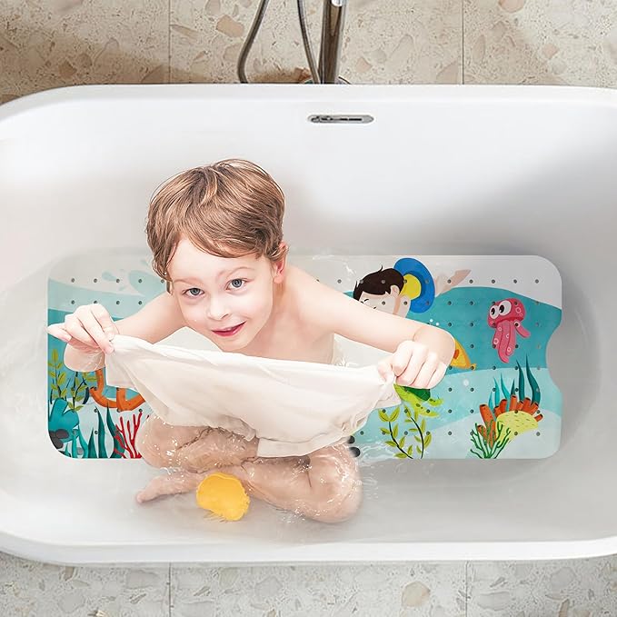 Baby Bath Mat for Tub Kids Non Slip Bathtub Mat Extra Long 40X16 Inch Shower Mat Toddler Anti Slip Bathroom Tub Mat with Suction Cups & Drain Holes (Sea World)