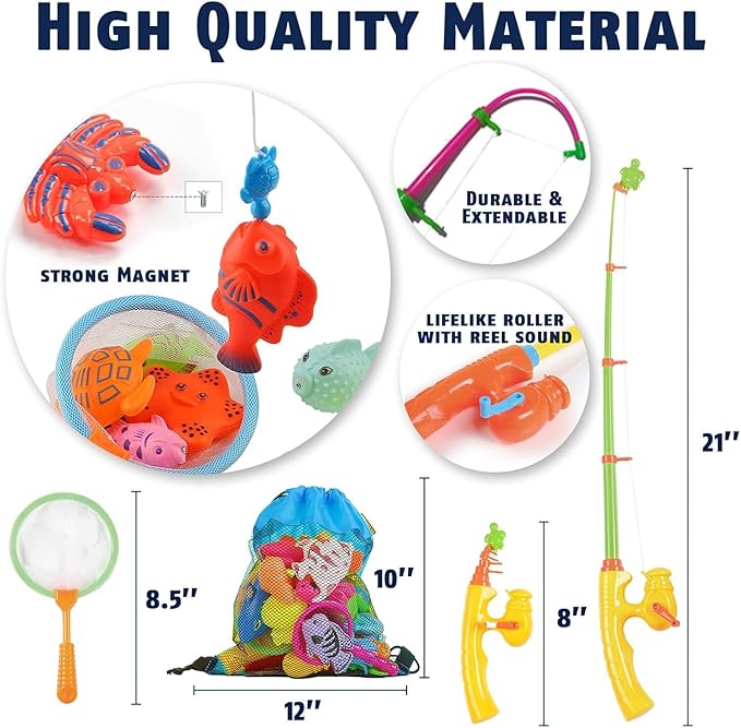 CozyBomB™ Magnetic Fishing Toys Game Set for Kids | Water Table Bathtub Kiddie Pool Party Pole Rod Net, Outdoor Plastic Floating Fish, Toddler Bath Color Ocean Sea Animals Birthday Gift Age 3-5 6 4-8
