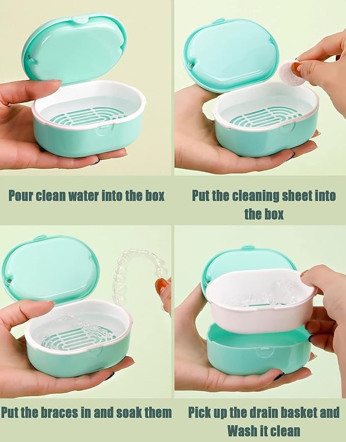 MURRI&MURRDI Retainer Case, Denture Bath Box with Strainer Basket, Mouth Guard Case, Braces Cleaner Cup, Cute Denture Holder Storage Soak Container for Travel Cleaning (D Green)