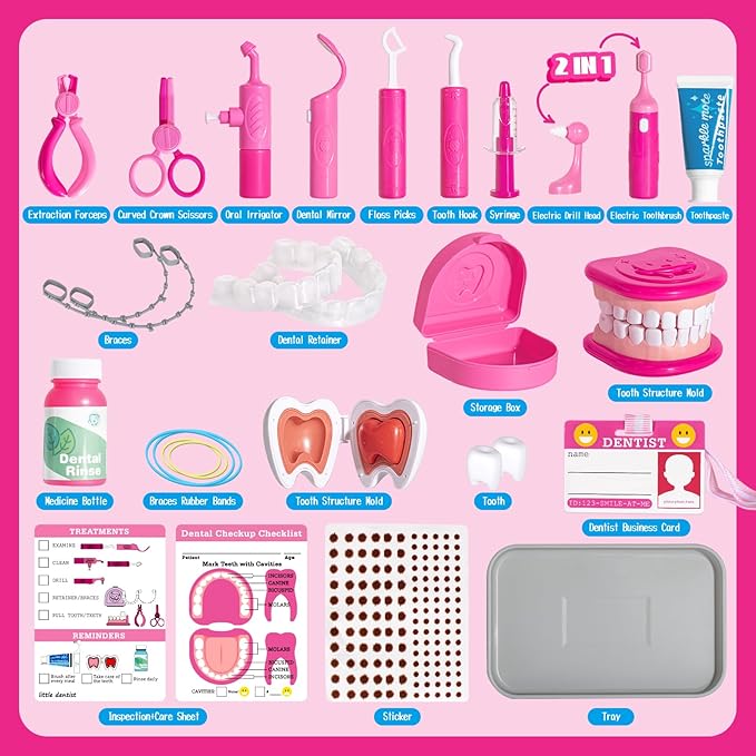 ULOVEME Kids Dentist Play Set Pink with Braces /Removable Teeth /Retainer - Doctor Kit for Toddlers 3-5 - Educational Toys for 4+ Year Old Girls - Pretend Play Toy for Ages 5-7 (Fushia)