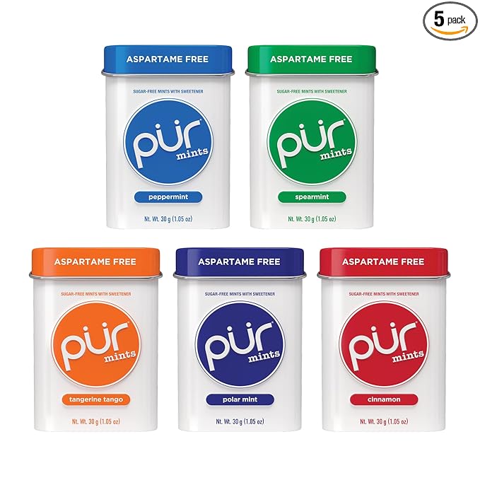 PUR Mints | Aspartame Free Mints | Made with Xylitol | Sugar Free, Vegan, Gluten Free & Keto Friendly | Natural Flavored Mints, Variety Pack, 30 Pieces (Pack of 5)
