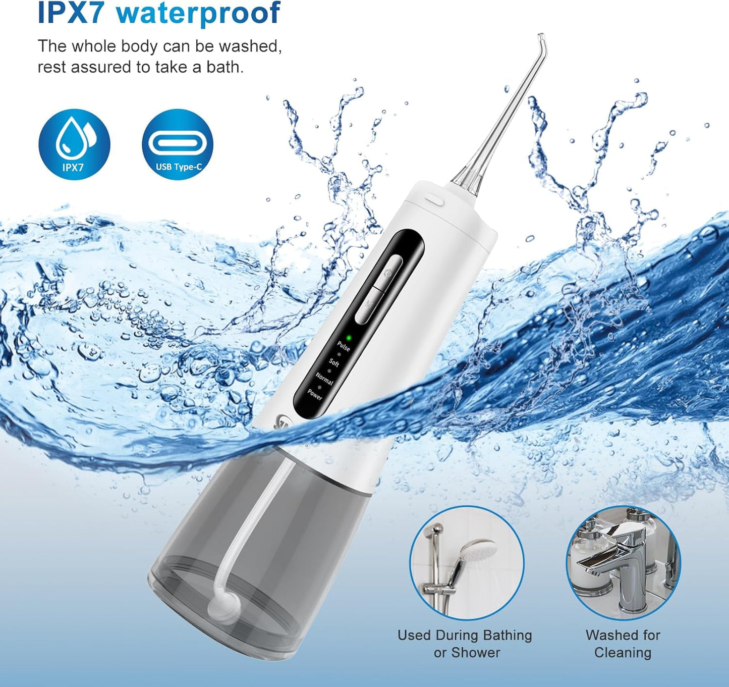 Cordless Water Dental Flosser Oral irrigator,JNGOODS 300ml Rechargeable Water flosser for Teeth IPX7 Waterproof 4 Modes Portable Oral Irrigator with 4 Jet Tips, Travel Home use (White)