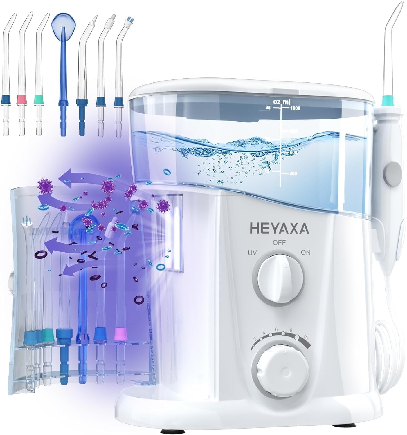 Water Dental Flosser for Teeth Cleaning with 1000ML Large Capacity and UV Storage, 10 Adjustable Pressure Electric Oral Irrigator with 7 Jet Tips for Home Use, Gums, Braces (White)