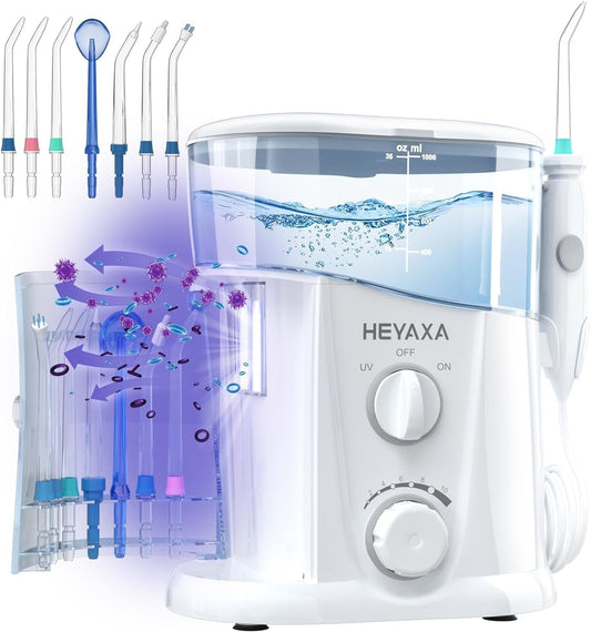 Water Dental Flosser for Teeth Cleaning with 1000ML Large Capacity and UV Storage, 10 Adjustable Pressure Electric Oral Irrigator with 7 Jet Tips for Home Use, Gums, Braces (White)