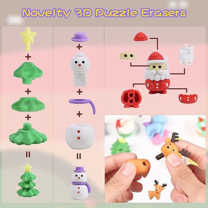 Kleeblatt 3D Assemblable Christmas Erasers 45 PCS - Santa Claus, Reindeer, Snowman, Christmas Tree Creative Gifts for Children