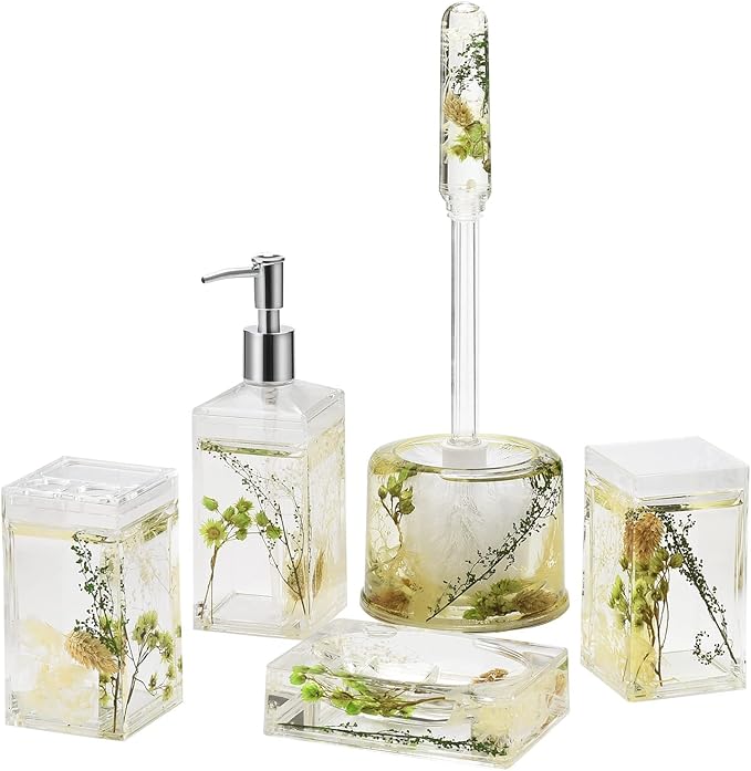 Locco Decor 5 Piece Acrylic Liquid 4D Floating Motion Bathroom Vanity Accessory Set Garden Botanic Green Plants Toothbrush Holder, Tumbler, Soap Dispenser, Soap Dish, Toiletbrush Holder Set