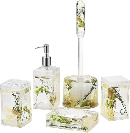 Locco Decor 5 Piece Acrylic Liquid 4D Floating Motion Bathroom Vanity Accessory Set Garden Botanic Green Plants Toothbrush Holder, Tumbler, Soap Dispenser, Soap Dish, Toiletbrush Holder Set