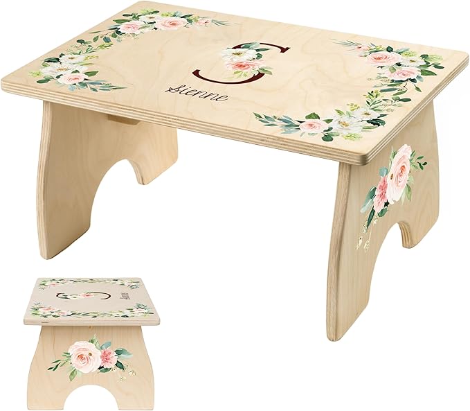 Step Stool for Toddlers- Personalized Wood Kids Step Stool with Name for Kitchen Sink, Bathroom, Potty Training, Toilet, Kitchen Sink- Sturdy and Safe- Made in USA by BloomOwl (Floral- Initial)