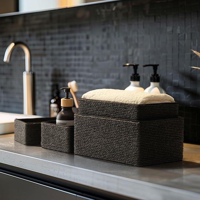 LA JOLIE MUSE Storage Baskets Set 4 - Sturdy Woven Paper Rope Decorative, Stackable Wicker Baskets for Makeup Closet Bathroom Bedroom (Ebony Black)
