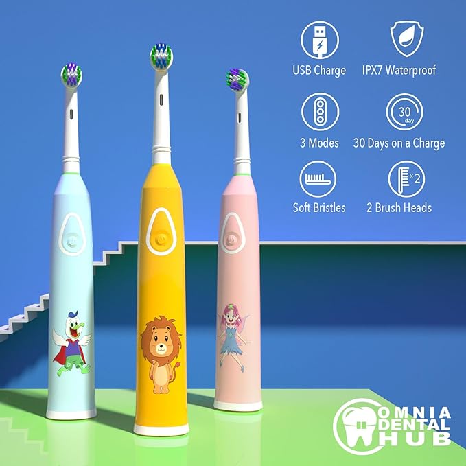 1 PCs 0Rotating Kids Electric Toothbrush with 2 Brush Heads IPX7 by Omnia ONE | 3 Modes, Rechargeable 30 Days Battery Life, IPX7 Waterproof, USB Charger & Block Included, Fun & Effective Oral Care