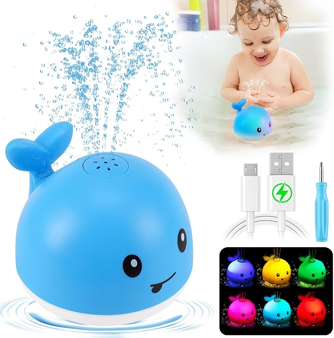 Gigilli Baby Boy Bath Toys, Light Up Whale Fountain Toys for Boys 0-6 6-12 12-18 Months or Kids Ages 1-3 2-4, Rechargeable Ocean Blue