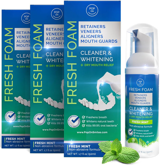 Aligner & Retainer Cleaner Fresh Foam – Dry Mouth Relief, Compatible with All Clear Aligners, Retainers, Mouth Guards, Night Guards, Veneers, Whitens, Freshens, 3% Hydrogen Peroxide, Mint - 50ml 3pcs
