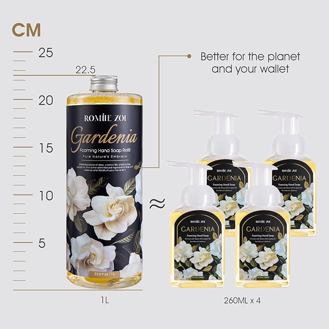 ROMIIE ZOI Hand Soap Refills Foaming, Gardenia Scent Natural Plant Moisturizing Foam Soap Refills with Dispenser 1 L/ 33.8 FL OZ(Pack of 3)