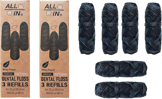 ALL IN Charcoal Floss Refills 6 x 32 Yds Each - Activated Charcoal Dental Floss Refills Only – BPA Free, Plant Based No PFAS Mint Floss for Plaque Removal, Fresh Breath (6)