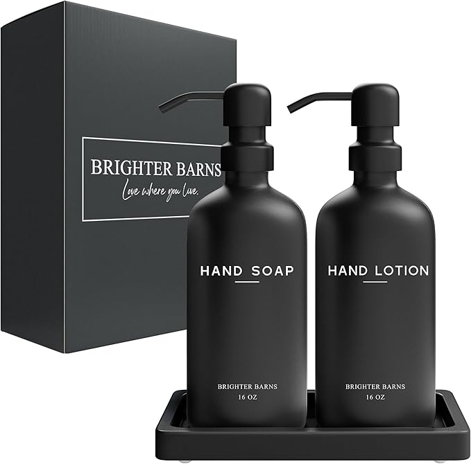 Black Glass Soap and Lotion Dispenser Set with Tray by Brighter Barns - Hand Soap Dispenser Bathroom Set & Stainless Steel Pump for Home - Modern Bathroom Accessories, Modern Decor (Black)
