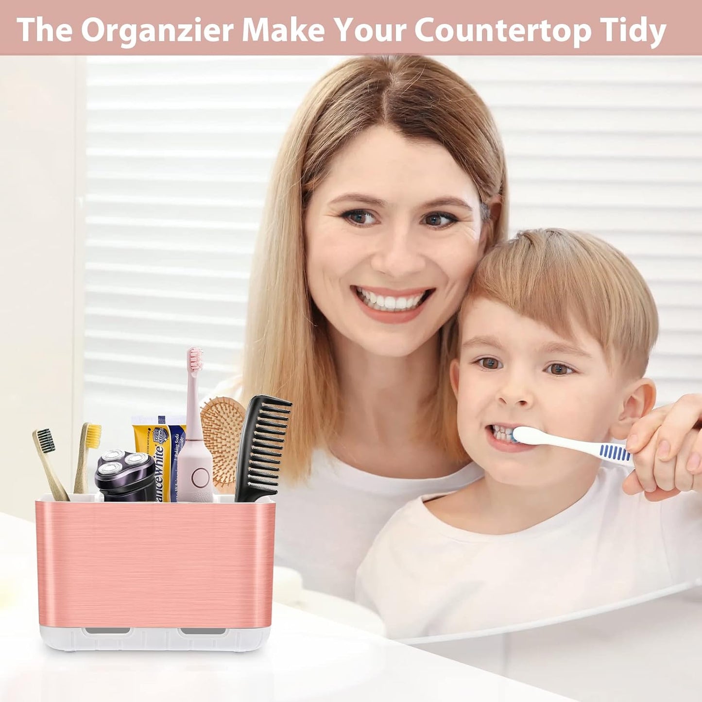 Boperzi Toothbrush Holders for Bathrooms Countertop, Electric Tooth Brush Holder with Adjustable Dividers, Detachable Anti-Slip Large Toothpaste Caddy Organizer Storage for Shower, Family, Kids, Pink