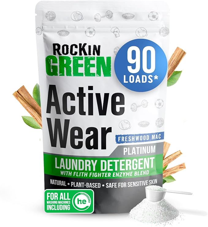 Rockin' Green Laundry Detergent, Plant based, All Natural Laundry Detergent Powder, Vegan and Biodegradable Odor Fighter, Safe for Sensitive Skin (Active Wear 90 Loads - Freshwood Mac)
