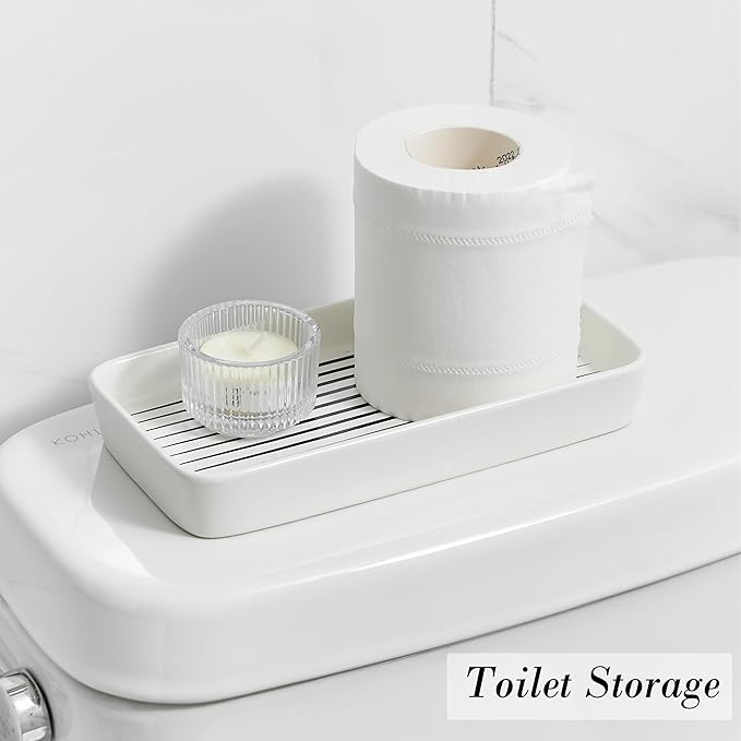 Bathroom Vanity Tray for Countertop,2PC Rectangle Striped Tray,Decorative Bathroom Organizer for Scrubber, Lotion Bottles, Perfume, Jewelry, Candle, Key Trinket Ring(Small,White)