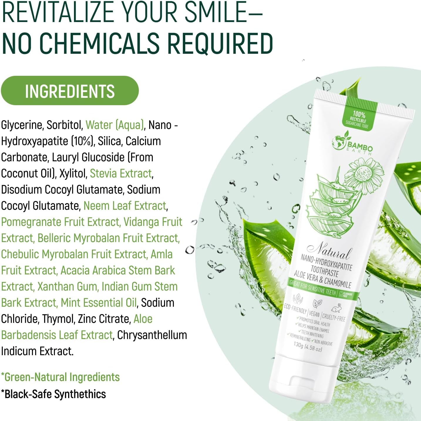 Natural Fluoride Free Toothpaste - Nano Hydroxyapatite, Remineralizing, Sensitive Teeth, Whitening & Zero Waste Tube - Dentist Recommended for Adult & Kids Oral Aloe Vera & Chamomile (4 Pack, Aloe)