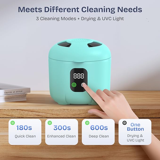 2025 Ultrasonic Retainer Cleaner- 45KHz 25W Portable Denture Cleaner with Drying Function and Removable Inner for Dentures, Mouth Guards, Aligners, Jewelry and More (Blue)