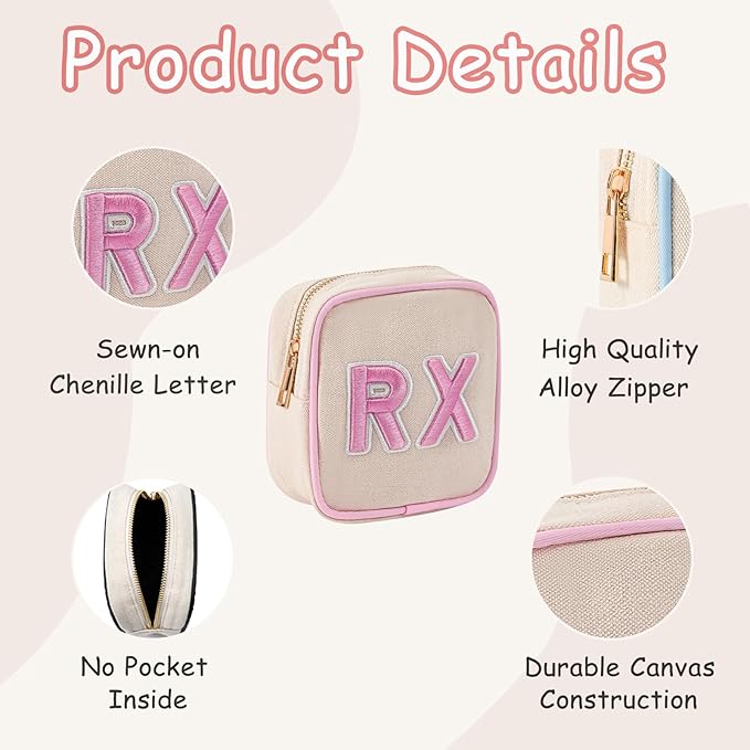 Small Canvas Rx Medicine Packages, Cute Chenille Letter Patch Drug Makeup Bag with Metal Zipper, Mini Travel First Aid Purse Organizer Machine Washable (04Light-Pink)