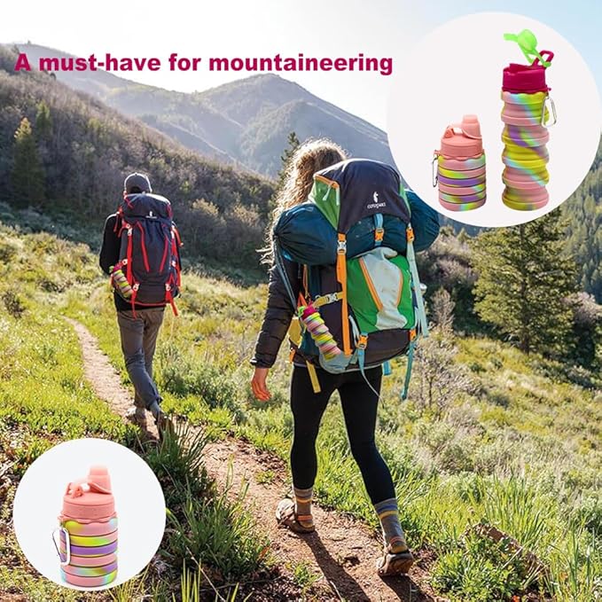 Silicone Collapsible Water Bottles, 16oz 500ml Portable Foldable Expandable Water Bottle Sports Cups, Leak Proof Reusable BPA Free, for Outdoor Activities Travel(2# Pink)