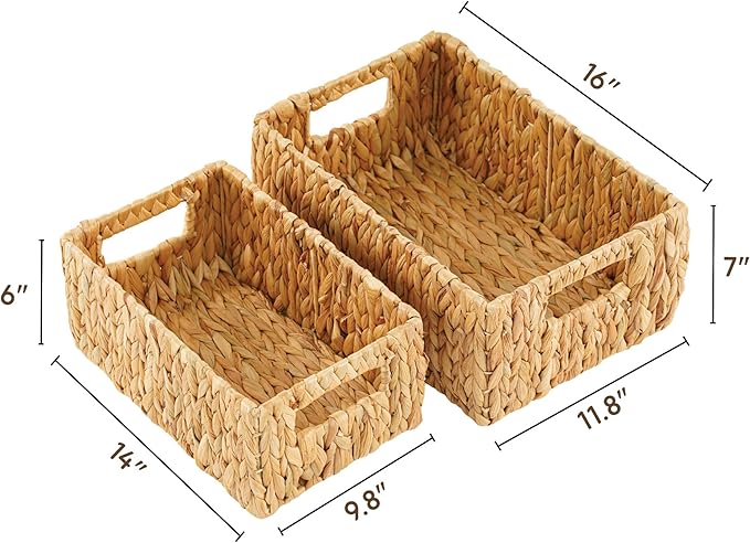 Greenatural Water Hyacinth Storage Baskets Set of 2, Handwoven Rectangular Organizer Trays with Built-in Handles in 2 Sizes, Nested Wicker Bins for Shelf, Bathroom, Kitchen, Office, Natural Decor