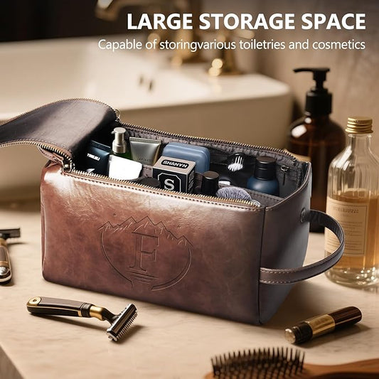 Personalized Toiletry Bag for Men,Initial Mens Toiletry Bags for Traveling,Men Travel Toiletries Bag,PU Leather Shaving Bag for Toiletries Accessories kit,Dark Brown F